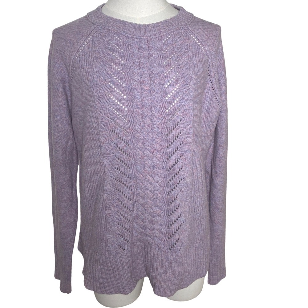 J Crew Heathered Lavender 100% Wool Cable Knit Pointelle Sweater Women M Preppy